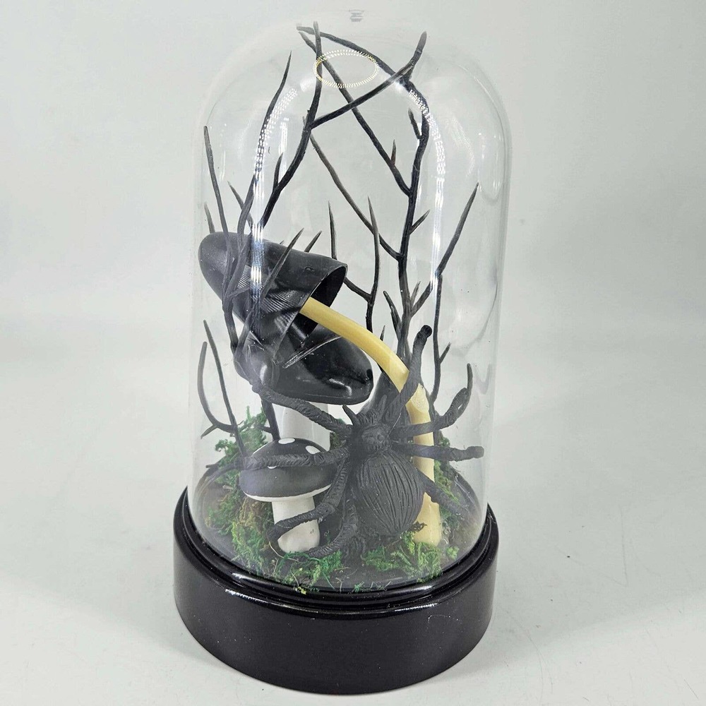 Victorian style Halloween black mushrooms spider under cloche decor figurine